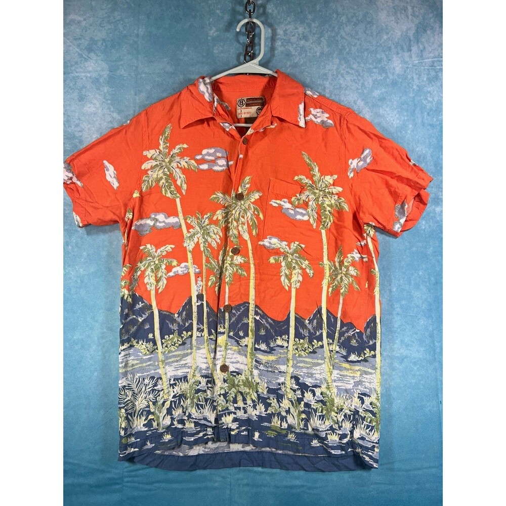 Vintage Bugle Boy Men's L Orange Hawaiian Palm Print Short Sleeve Button-Up